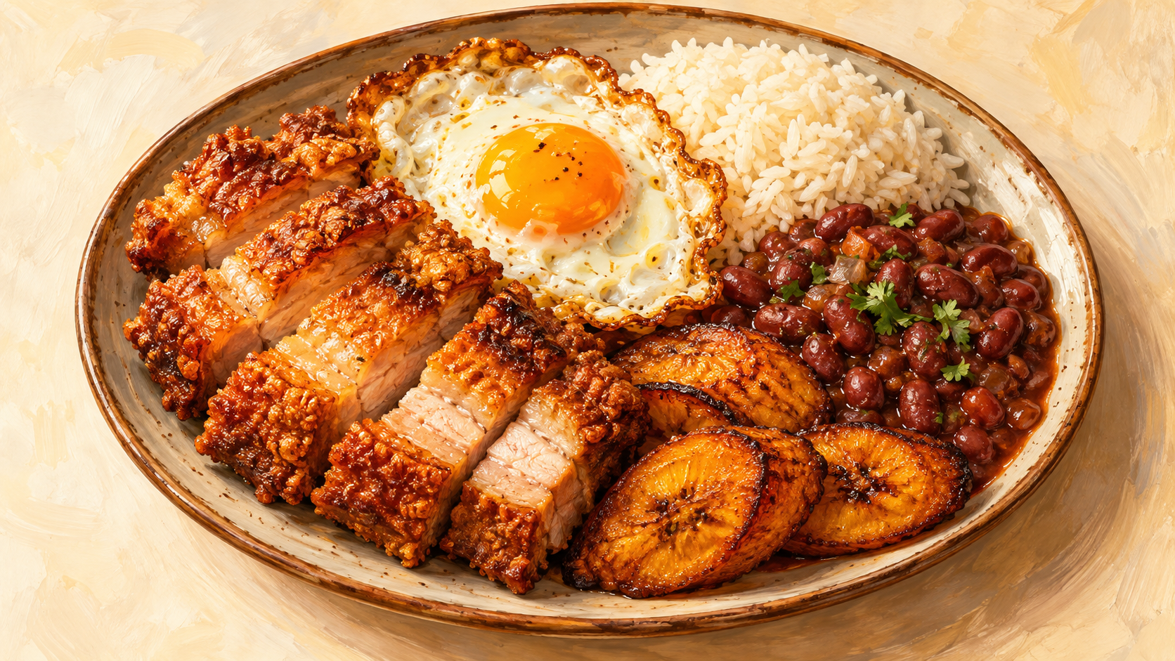 Illustration of a Colombian mountain platter with pork, fried egg, plantains, beans, and rice