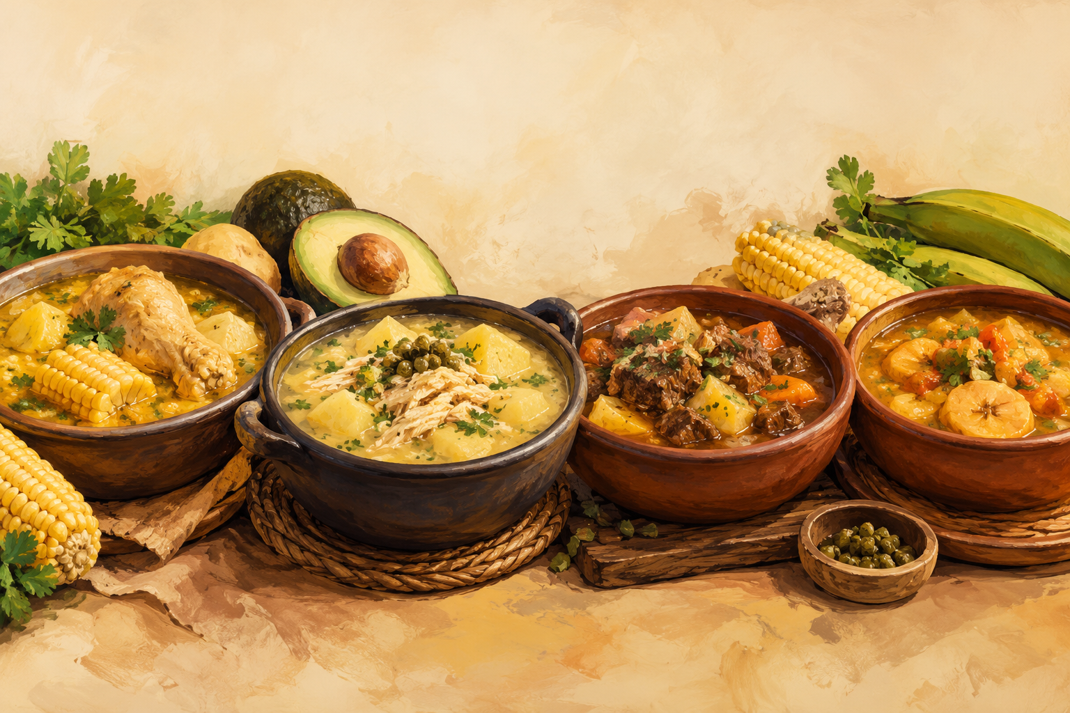 Illustration of small clay bowls of Colombian soups and stews in a row